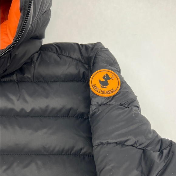 SAVE THE DUCK Black and Tangerine Hooded Puffer Jacket - Picture 7 of 10